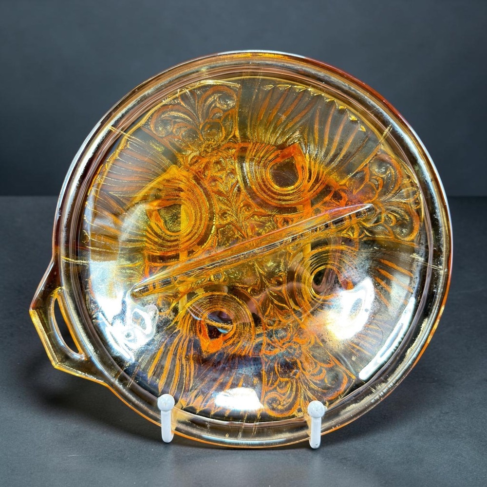Indiana Glass Marigold Peacock Tail Carnival Glass Divided Relish Dish 8in